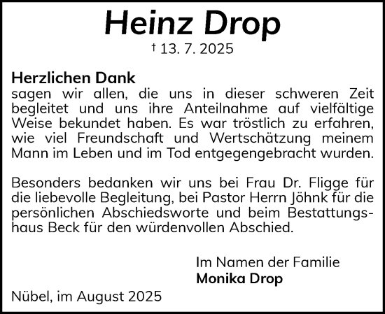 Traueranzeige von Heinz Drop von Schleswiger Nachrichten, Schlei-Bote