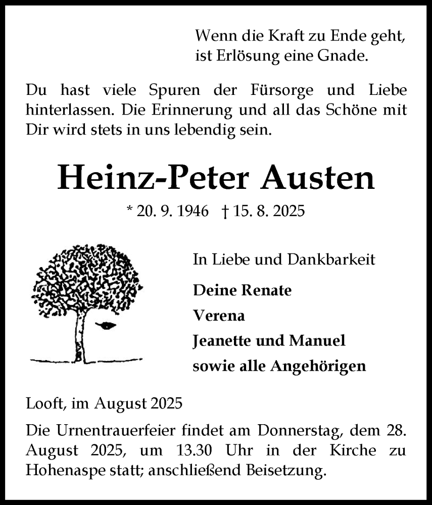  Traueranzeige für Heinz-Peter Austen vom 23.08.2025 aus Norddeutsche Rundschau, Wilstersche Zeitung, Glückstädter Fortuna