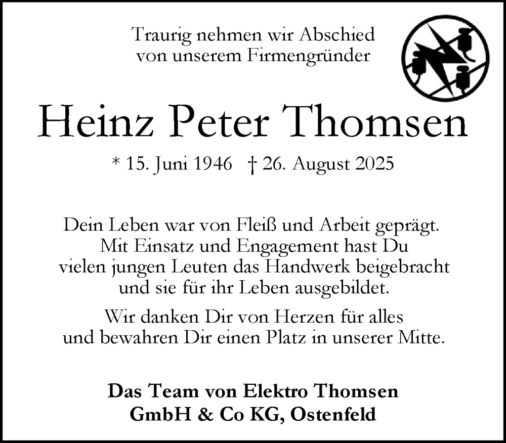  Traueranzeige für Heinz Peter Thomsen vom 01.09.2025 aus Husumer Nachrichten, Nordfriesland Tageblatt