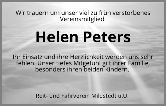 Traueranzeige von Helen Peters von Husumer Nachrichten, Nordfriesland Tageblatt