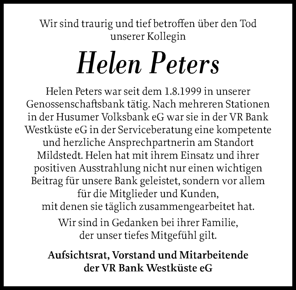  Traueranzeige für Helen Peters vom 21.08.2025 aus Husumer Nachrichten, Nordfriesland Tageblatt