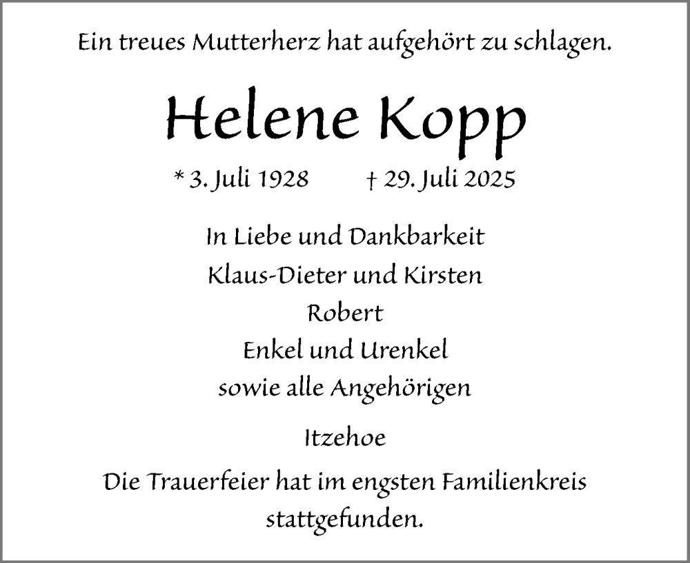  Traueranzeige für Helene Kopp vom 09.08.2025 aus Norddeutsche Rundschau, Wilstersche Zeitung, Glückstädter Fortuna
