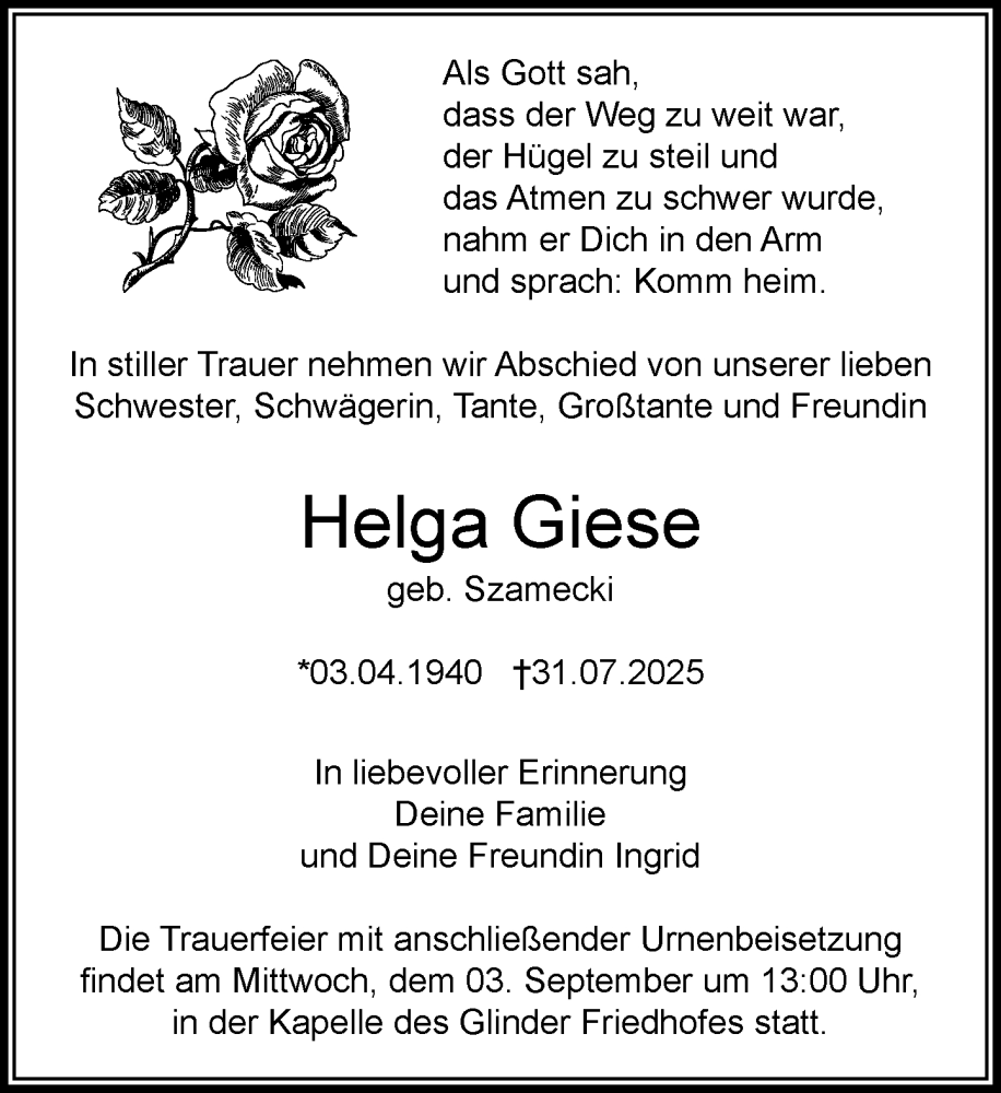  Traueranzeige für Helga Giese vom 23.08.2025 aus MARKT Glinde/Reinbek