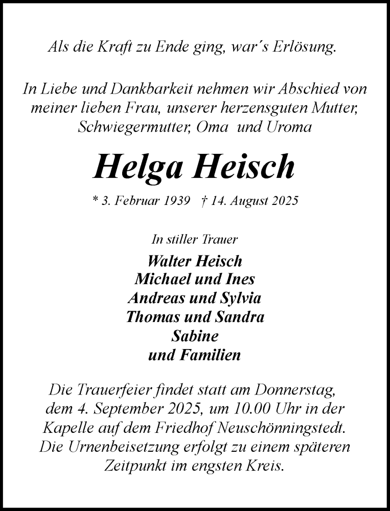  Traueranzeige für Helga Heisch vom 30.08.2025 aus MARKT Glinde/Reinbek
