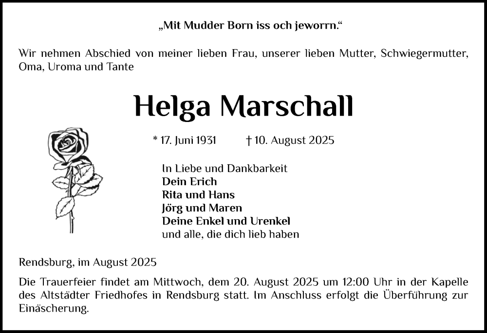  Traueranzeige für Helga Marschall vom 16.08.2025 aus Schleswig-Holsteinische Landeszeitung