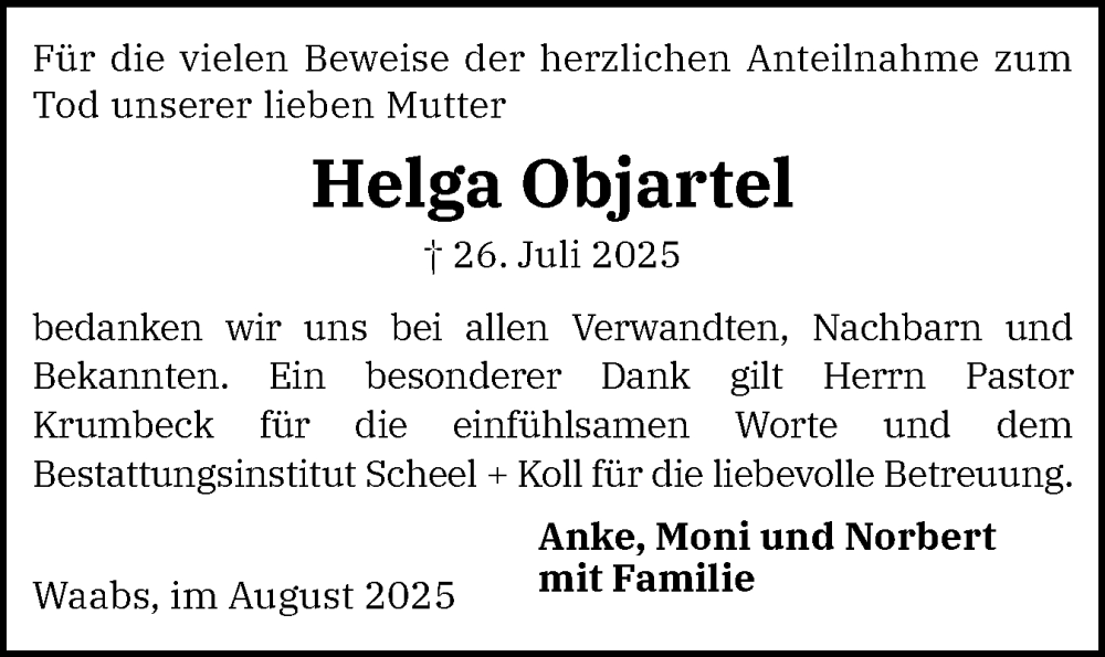  Traueranzeige für Helga Objartel vom 30.08.2025 aus Eckernförder Zeitung, Hallo Eckernförde