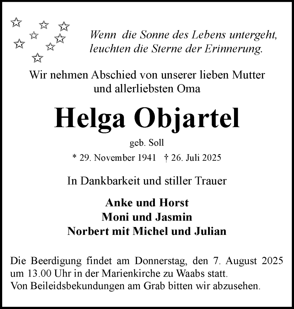  Traueranzeige für Helga Objartel vom 02.08.2025 aus Eckernförder Zeitung, Hallo Eckernförde