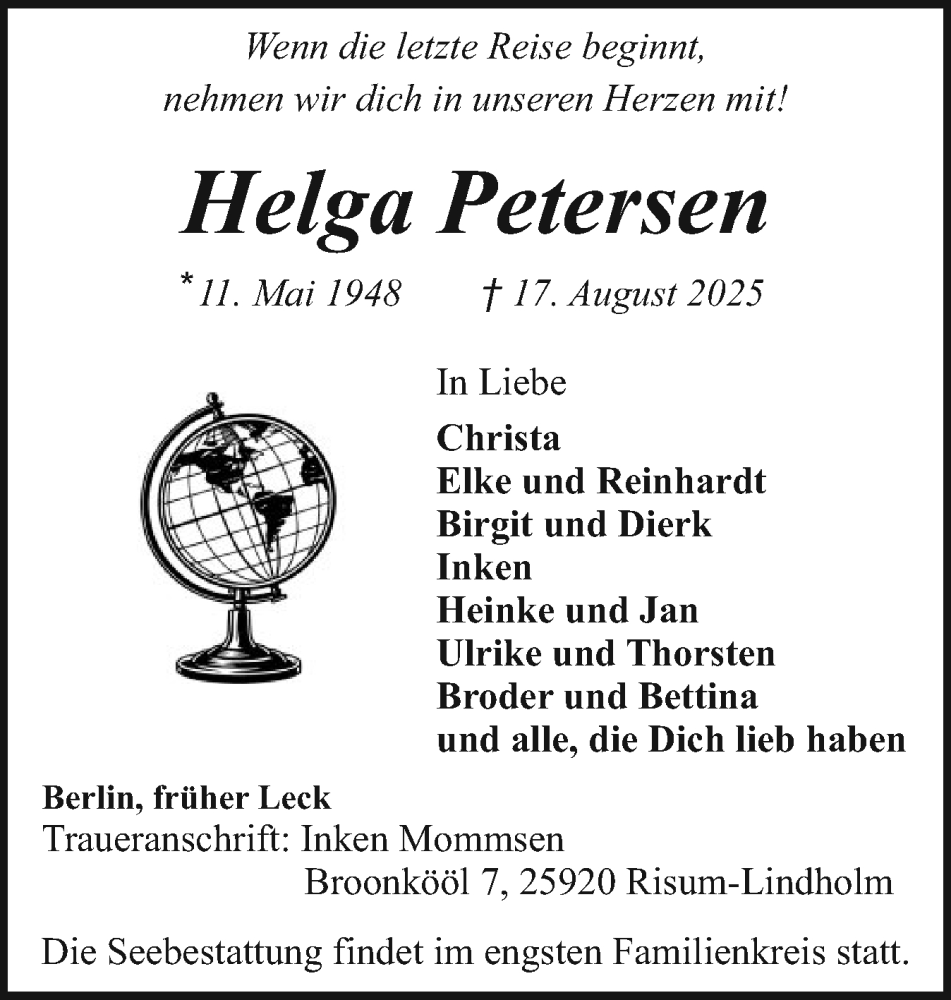  Traueranzeige für Helga Petersen vom 23.08.2025 aus Husumer Nachrichten, Nordfriesland Tageblatt