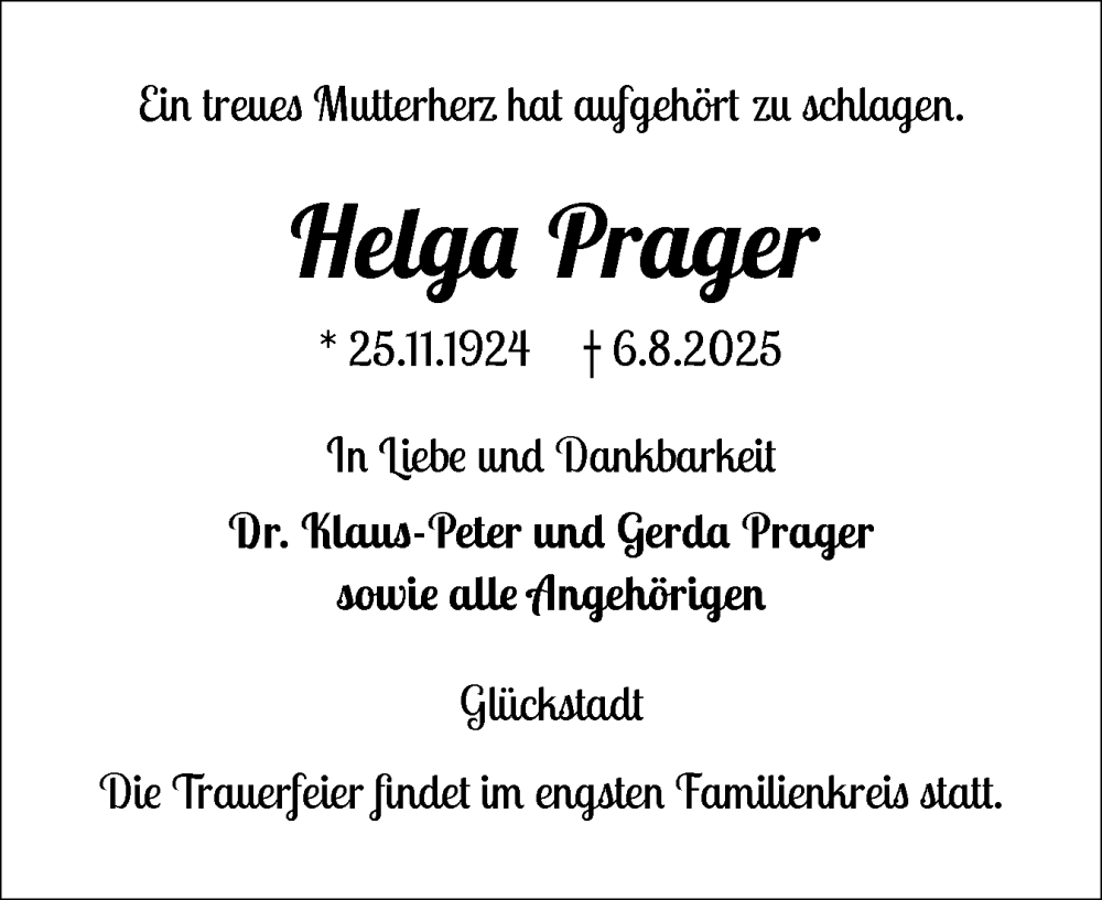  Traueranzeige für Helga Prager vom 16.08.2025 aus Norddeutsche Rundschau, Wilstersche Zeitung, Glückstädter Fortuna