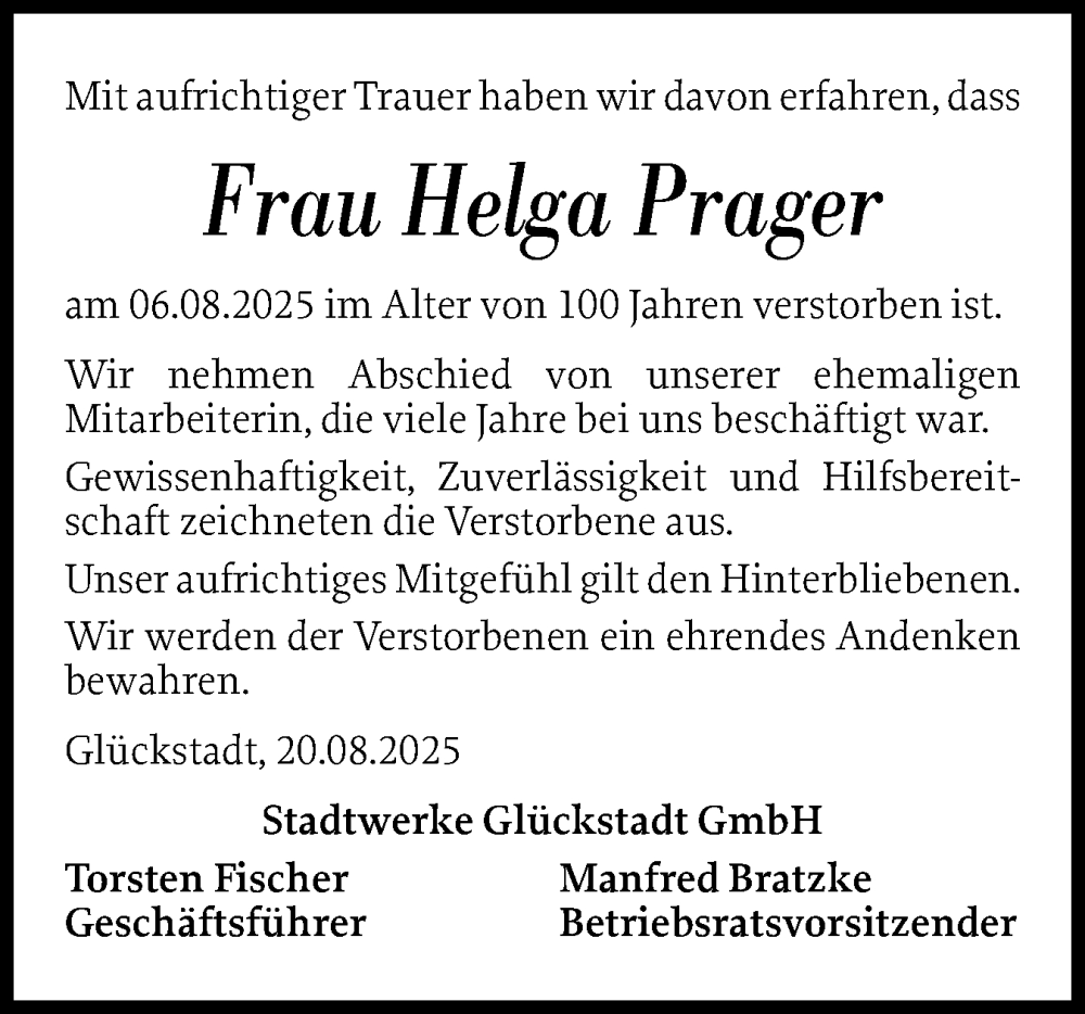  Traueranzeige für Helga Prager vom 23.08.2025 aus Norddeutsche Rundschau, Wilstersche Zeitung, Glückstädter Fortuna