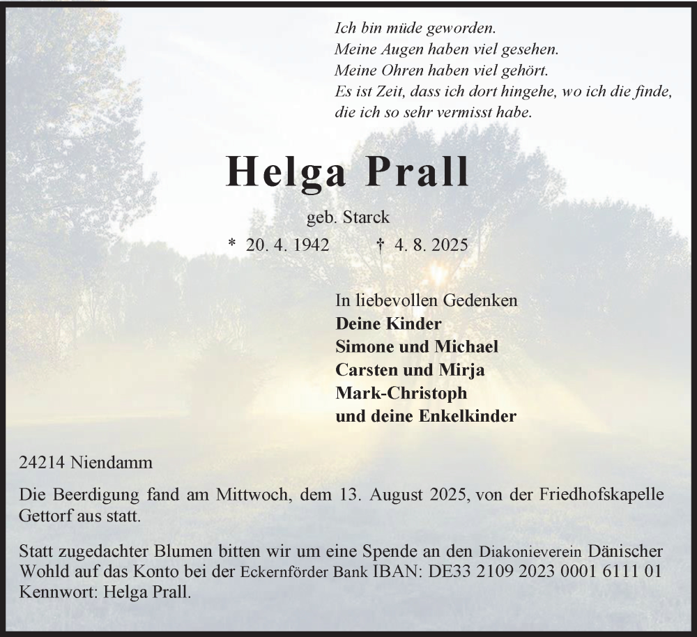  Traueranzeige für Helga Prall vom 16.08.2025 aus Hallo Eckernförde