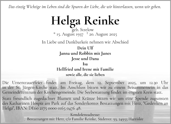 Traueranzeige von Helga Reinke von Flensburger Tageblatt