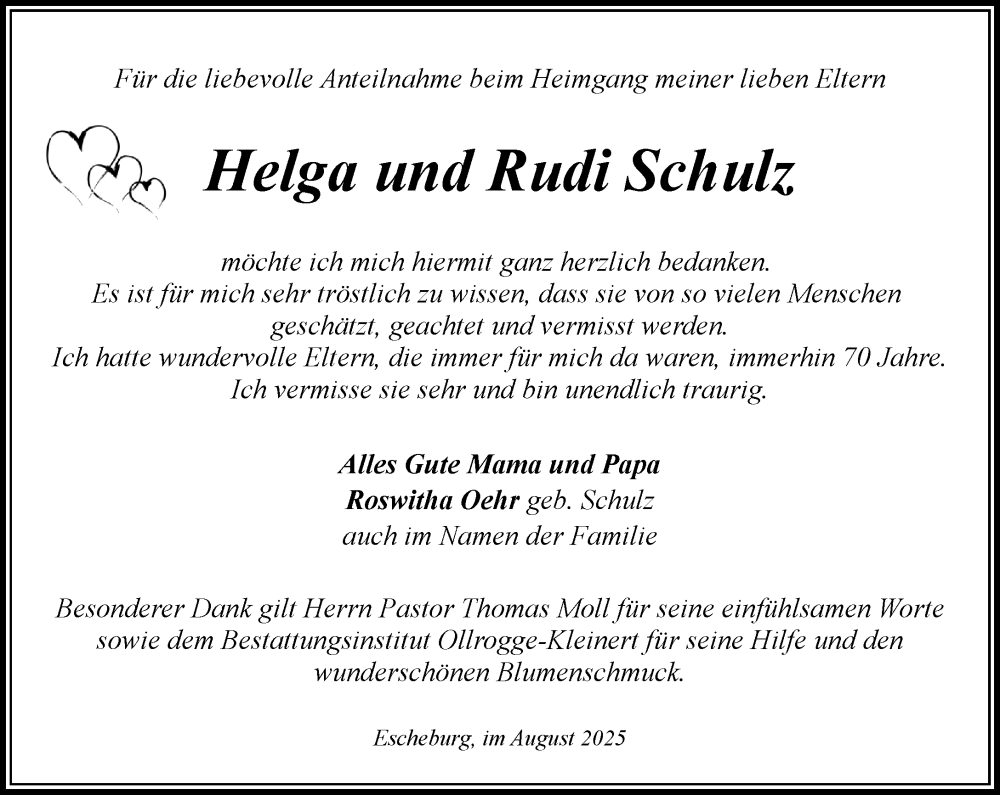  Traueranzeige für Helga Schulz vom 09.08.2025 aus Wochenend Anzeiger
