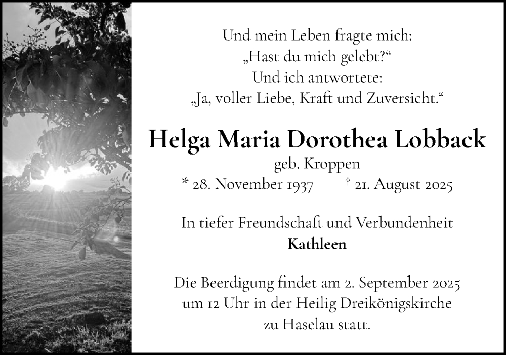  Traueranzeige für Helga Maria Dorothea Lobback vom 30.08.2025 aus Uetersener Nachrichten, Der tip am Wochenende