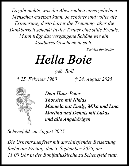 Traueranzeige von Hella Boie von Norddeutsche Rundschau, Wilstersche Zeitung, Glückstädter Fortuna