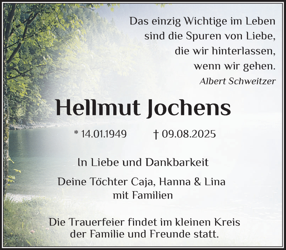  Traueranzeige für Hellmut Jochens vom 23.08.2025 aus Norddeutsche Rundschau, Wilstersche Zeitung, Glückstädter Fortuna