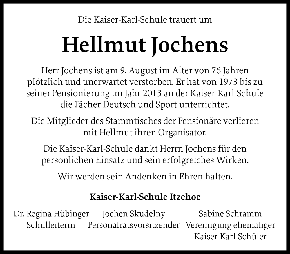  Traueranzeige für Hellmut Jochens vom 30.08.2025 aus Norddeutsche Rundschau, Wilstersche Zeitung, Glückstädter Fortuna