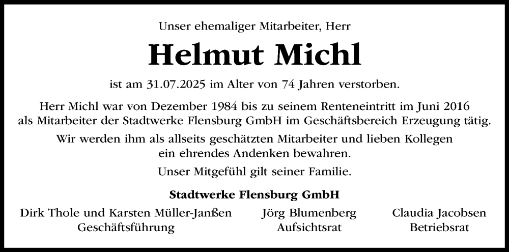  Traueranzeige für Helmut Michl vom 30.08.2025 aus Flensburger Tageblatt