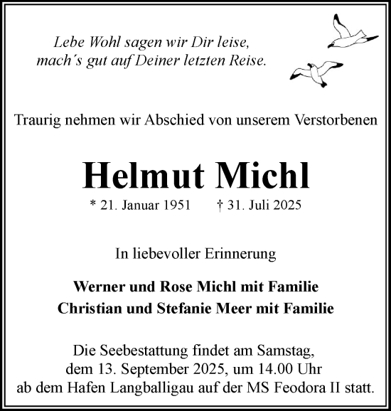 Traueranzeige von Helmut Michl von Flensburger Tageblatt