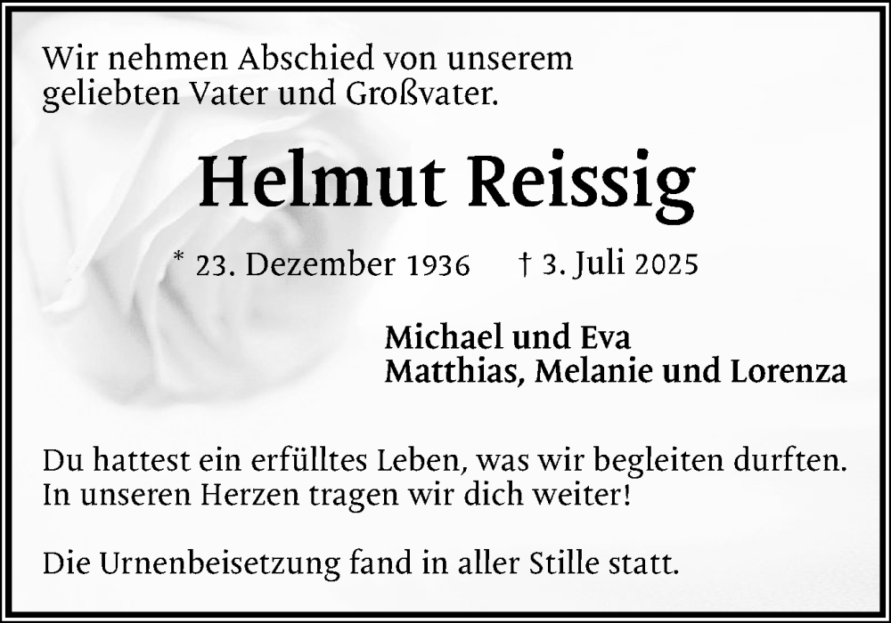  Traueranzeige für Helmut Reissig vom 02.08.2025 aus Region Pinneberg und tip Pinneberg