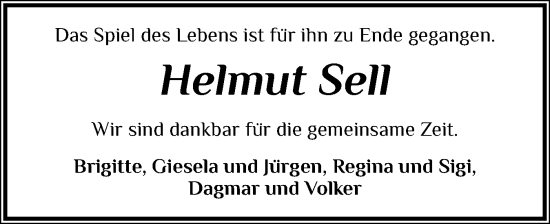 Traueranzeige von Helmut Sell von Schleswig-Holsteinische Landeszeitung
