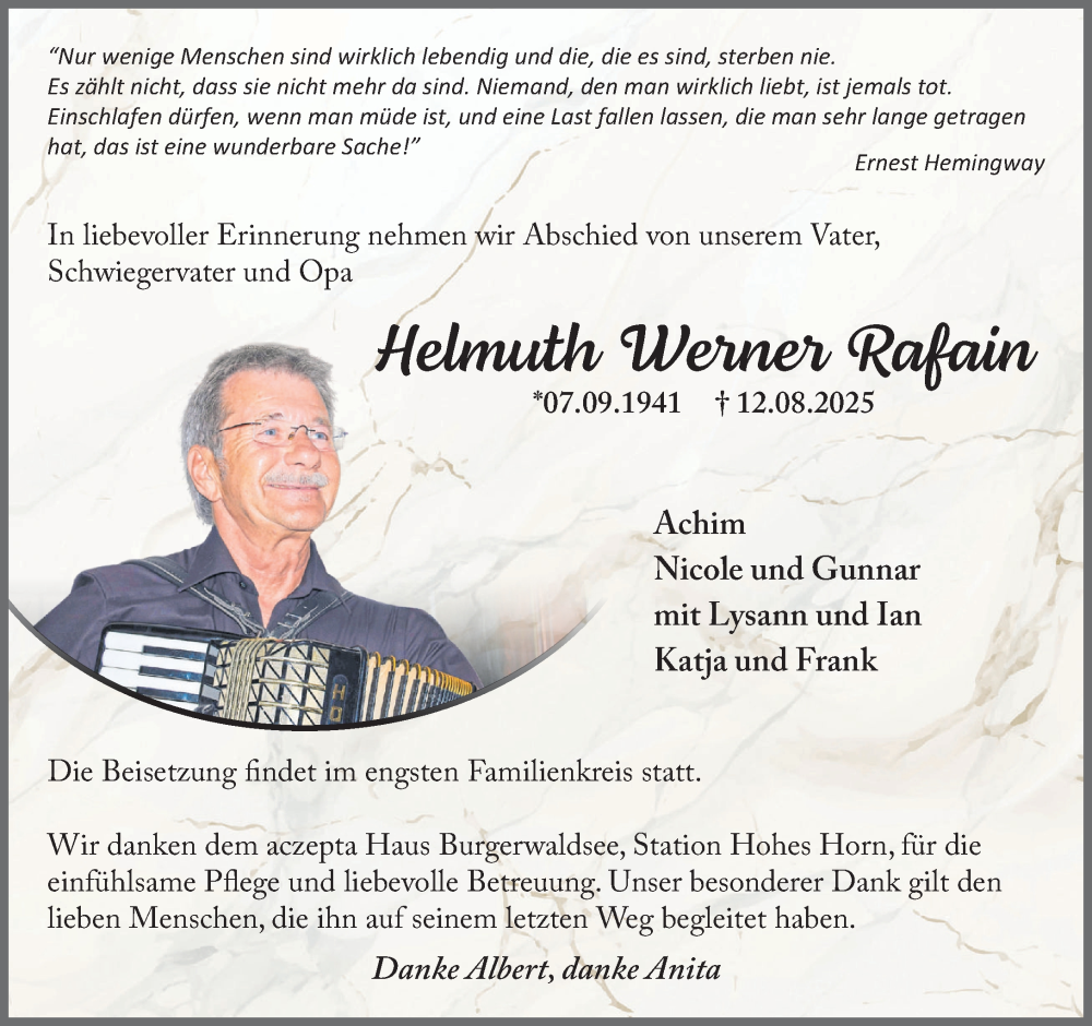  Traueranzeige für Helmuth Werner Rafain vom 16.08.2025 aus Heimatspiegel