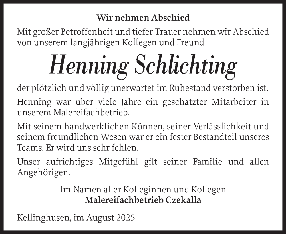  Traueranzeige für Henning Schlichting vom 29.08.2025 aus Norddeutsche Rundschau, Wilstersche Zeitung, Glückstädter Fortuna