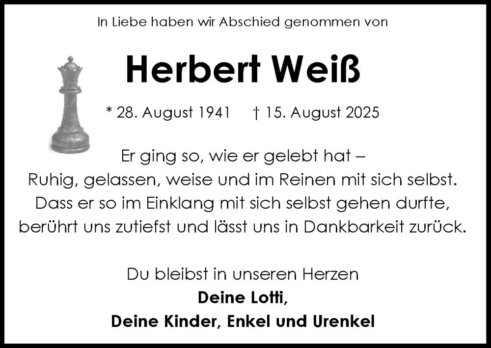  Traueranzeige für Herbert Weiß vom 30.08.2025 aus MARKT Ratzeburg/Mölln