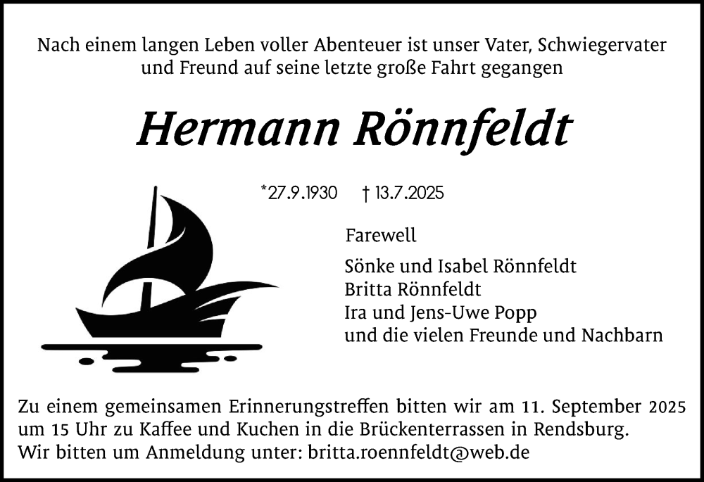  Traueranzeige für Hermann Rönnfeldt vom 02.08.2025 aus Schleswig-Holsteinische Landeszeitung