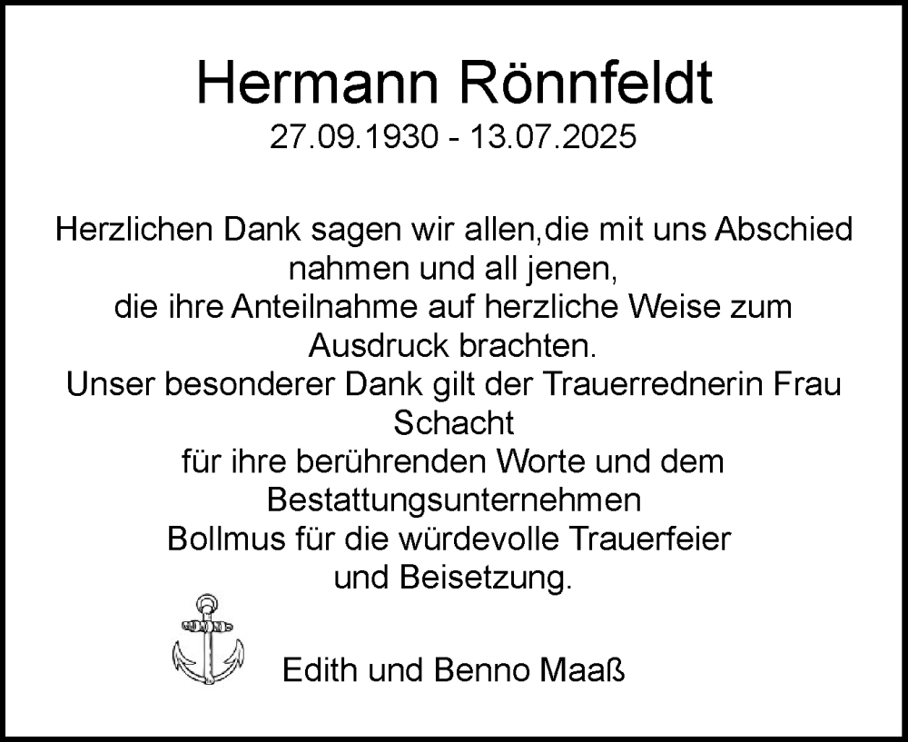  Traueranzeige für Hermann Rönnfeldt vom 16.08.2025 aus Schleswig-Holsteinische Landeszeitung