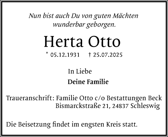 Traueranzeige von Herta Otto von Schleswiger Nachrichten, Schlei-Bote