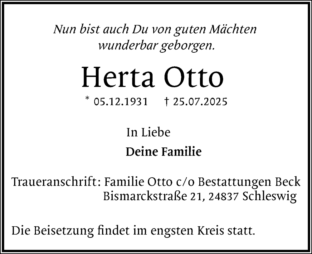  Traueranzeige für Herta Otto vom 02.08.2025 aus Schleswiger Nachrichten, Schlei-Bote