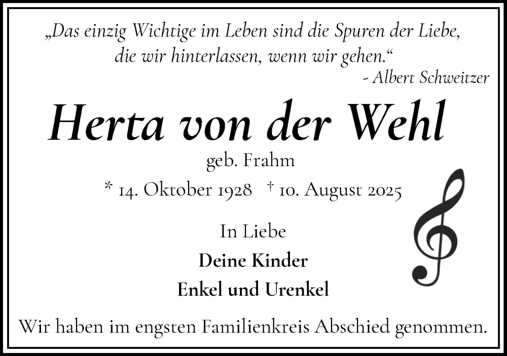  Traueranzeige für Herta von der Wehl vom 23.08.2025 aus Flensburger Tageblatt
