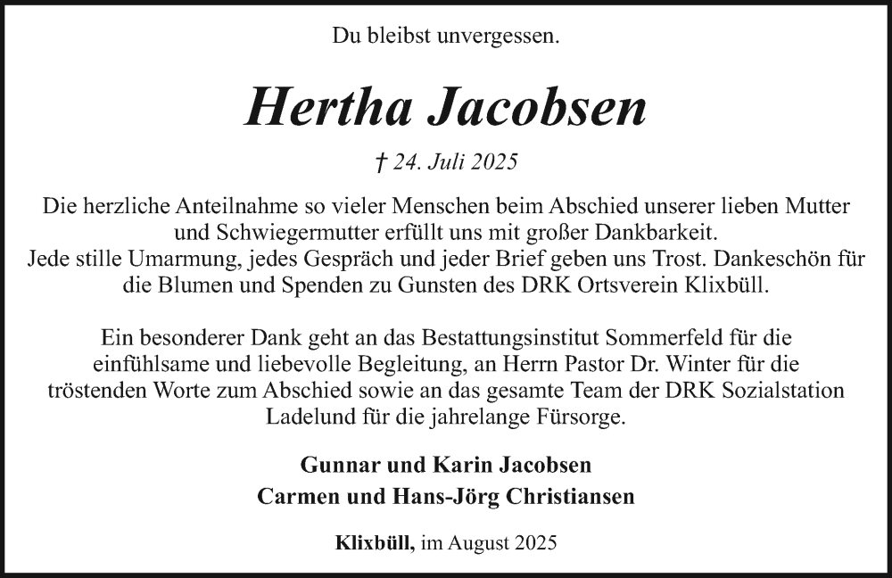  Traueranzeige für Hertha Jacobsen vom 23.08.2025 aus Region Flensburg