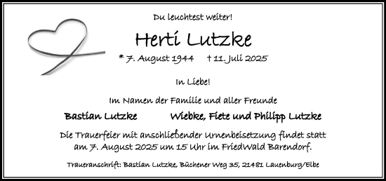 Traueranzeige von Herti Lutzke von Wochenend Anzeiger
