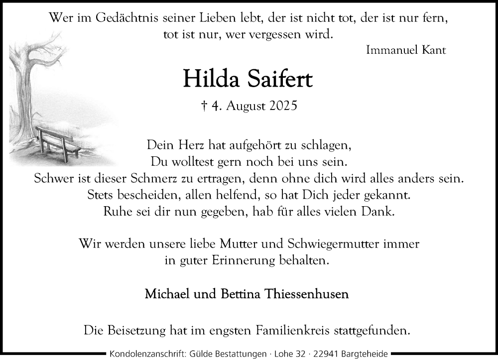  Traueranzeige für Hilda Saifert vom 23.08.2025 aus MARKT Ahrensburg/Bargteheide/Trittau und Stormarner Tageblatt