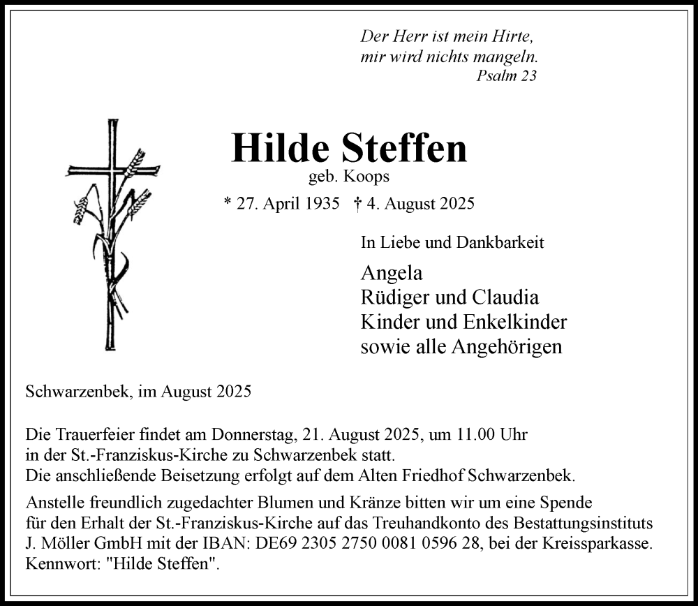  Traueranzeige für Hilde Steffen vom 16.08.2025 aus Wochenend Anzeiger