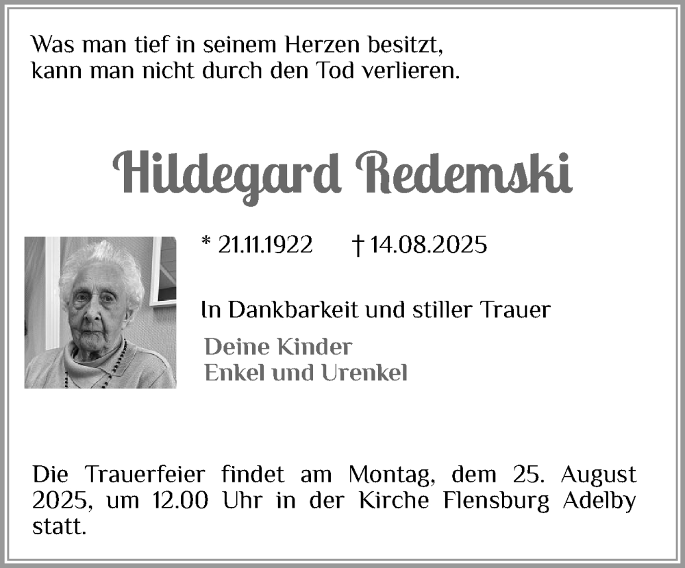  Traueranzeige für Hildegard Redemski vom 23.08.2025 aus Flensburger Tageblatt