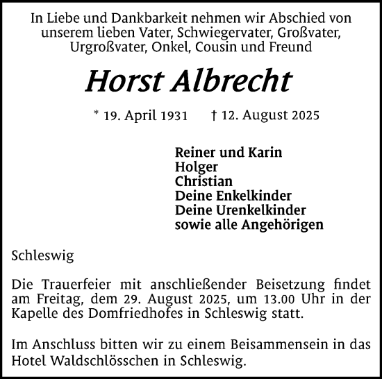 Traueranzeige von Horst Albrecht von Schleswiger Nachrichten, Schlei-Bote