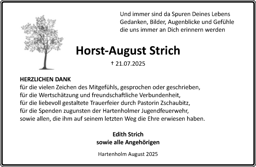  Traueranzeige für Horst-August Strich vom 30.08.2025 aus Umschau