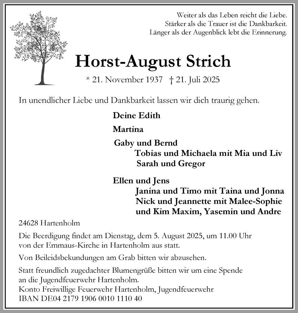  Traueranzeige für Horst-August Strich vom 02.08.2025 aus Umschau