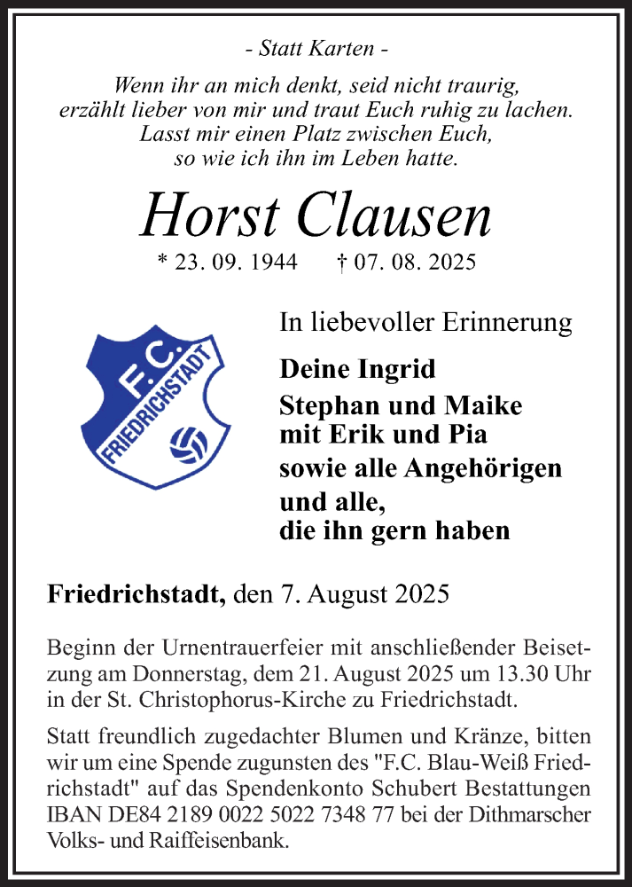  Traueranzeige für Horst Clausen vom 16.08.2025 aus Husumer Nachrichten, Nordfriesland Tageblatt
