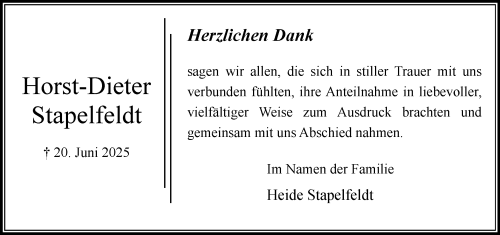 Traueranzeige für Horst-Dieter Stapelfeldt vom 02.08.2025 aus MARKT Bad Oldesloe/Reinfeld, MARKT Ahrensburg/Bargteheide/Trittau und Stormarner Tageblatt
