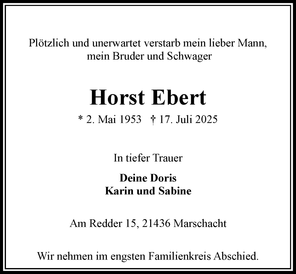  Traueranzeige für Horst Ebert vom 02.08.2025 aus Wochenend Anzeiger