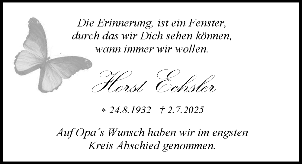  Traueranzeige für Horst Echsler vom 02.08.2025 aus MARKT Ratzeburg/Mölln