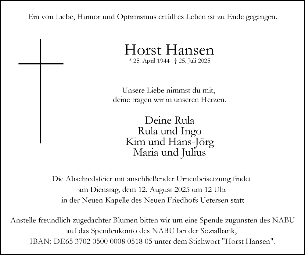  Traueranzeige für Horst Hansen vom 09.08.2025 aus Uetersener Nachrichten, Der tip am Wochenende
