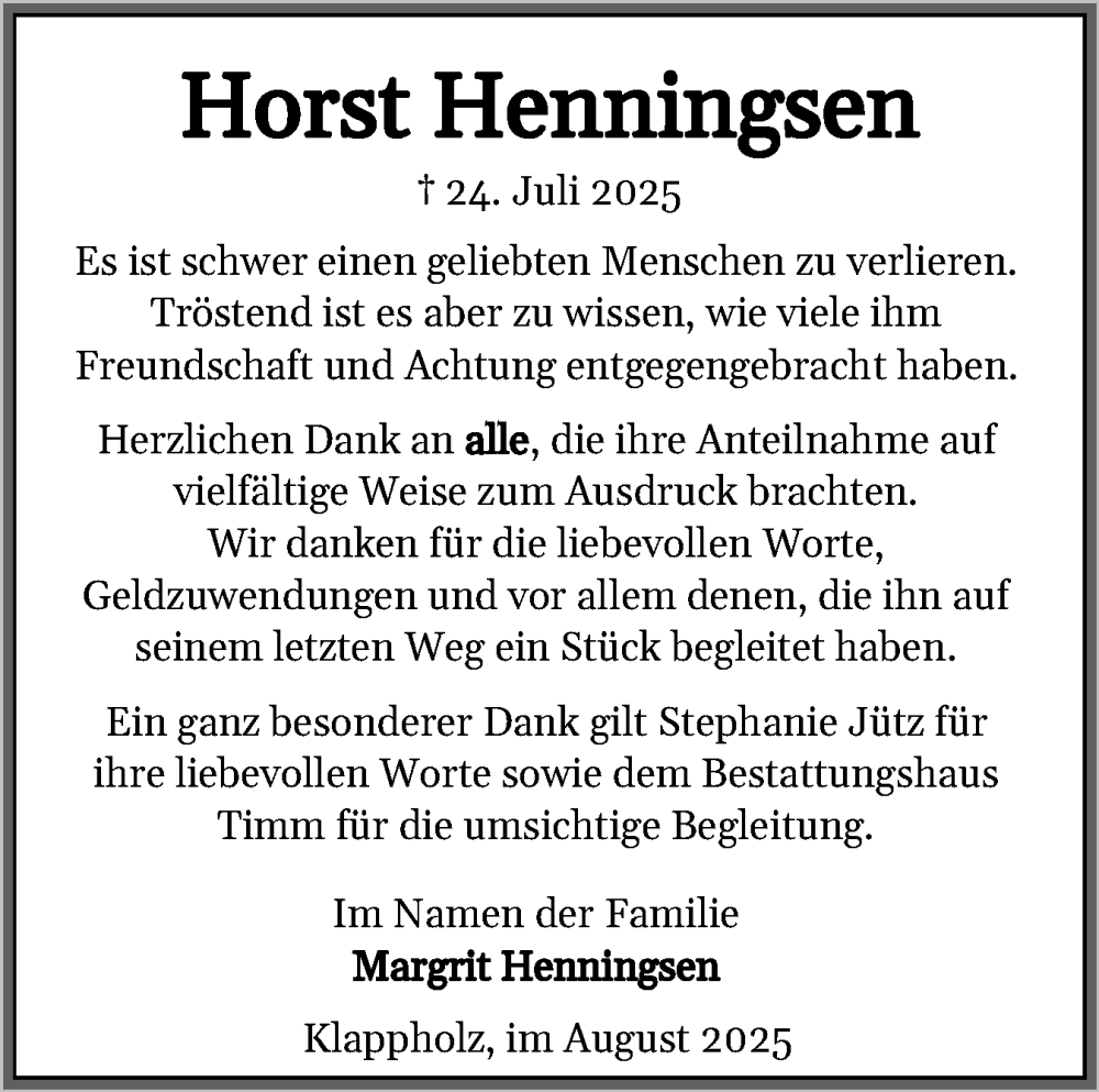  Traueranzeige für Horst Henningsen vom 23.08.2025 aus Flensburger Tageblatt, Schleswiger Nachrichten, Schlei-Bote