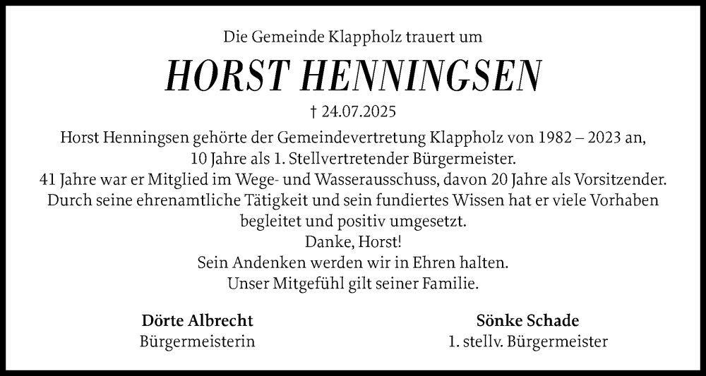  Traueranzeige für Horst Henningsen vom 07.08.2025 aus Schleswiger Nachrichten, Schlei-Bote