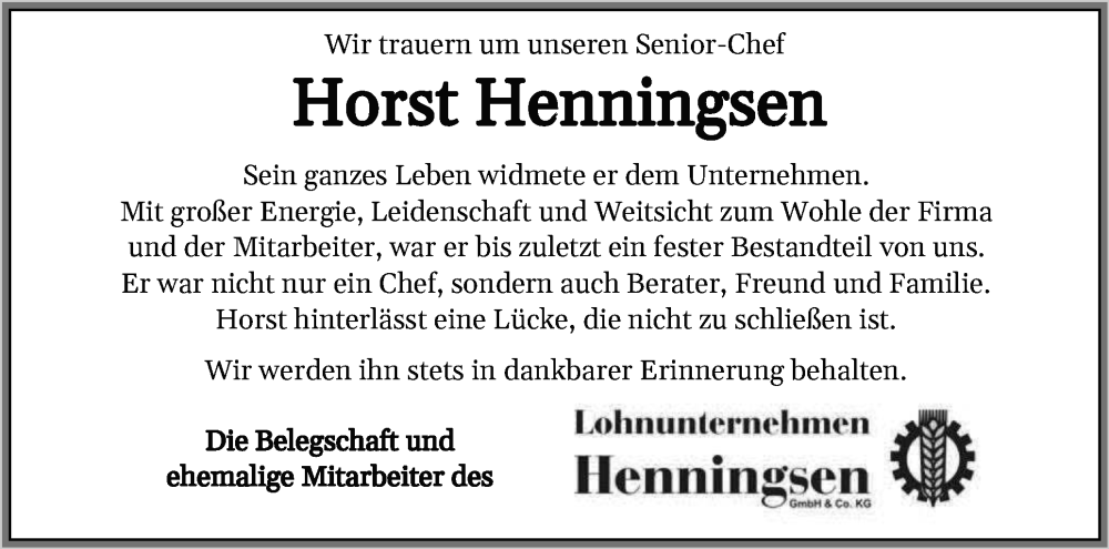  Traueranzeige für Horst Henningsen vom 02.08.2025 aus Flensburger Tageblatt, Schleswiger Nachrichten, Schlei-Bote