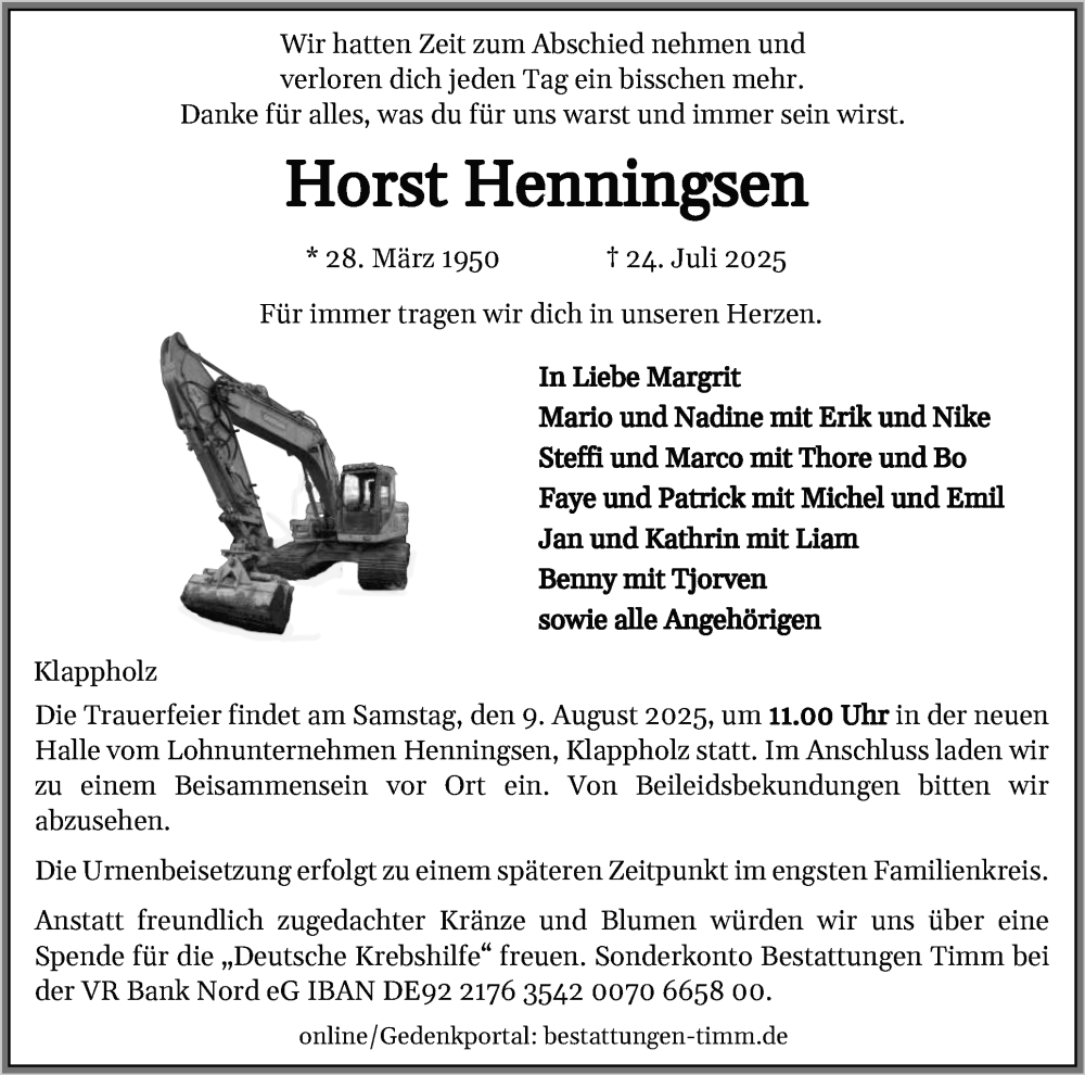  Traueranzeige für Horst Henningsen vom 02.08.2025 aus Flensburger Tageblatt, Schleswiger Nachrichten, Schlei-Bote